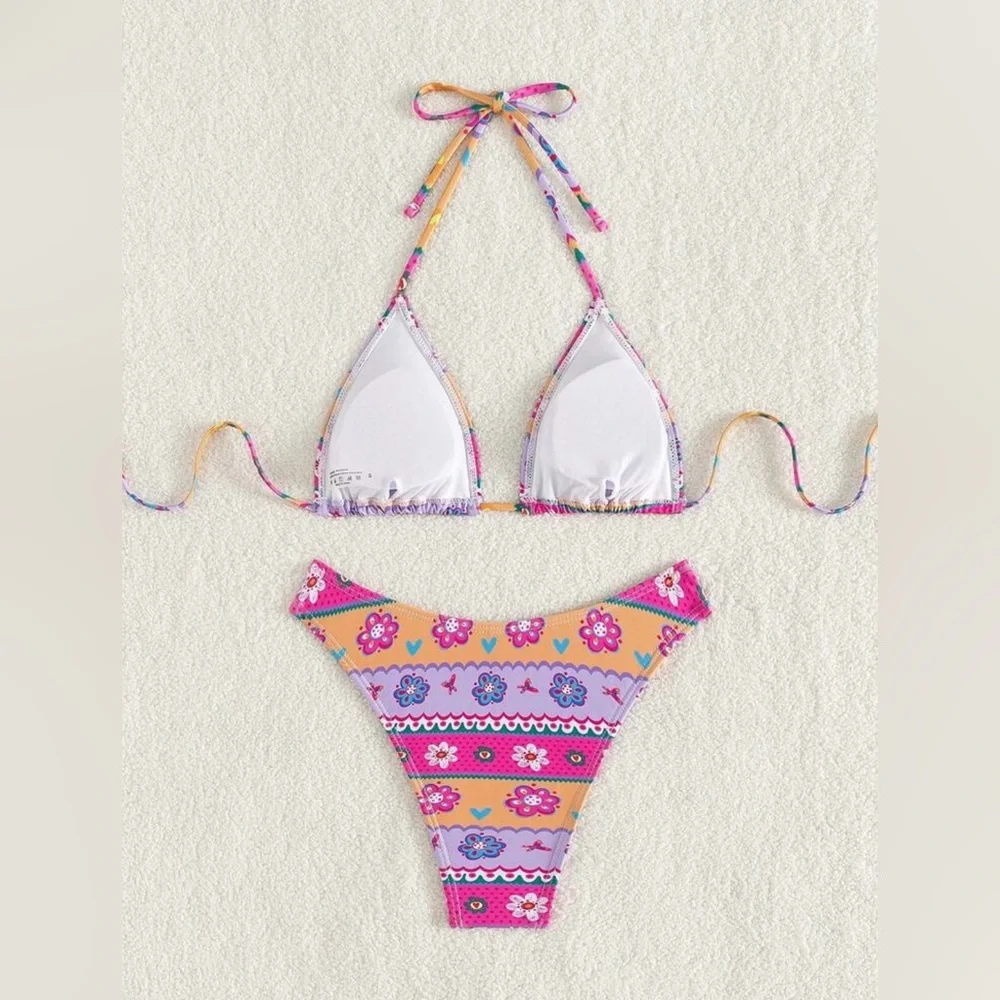 NWOT Colorblock Purple Orange Pink Stripe Floral Print Bikini Set Size Large